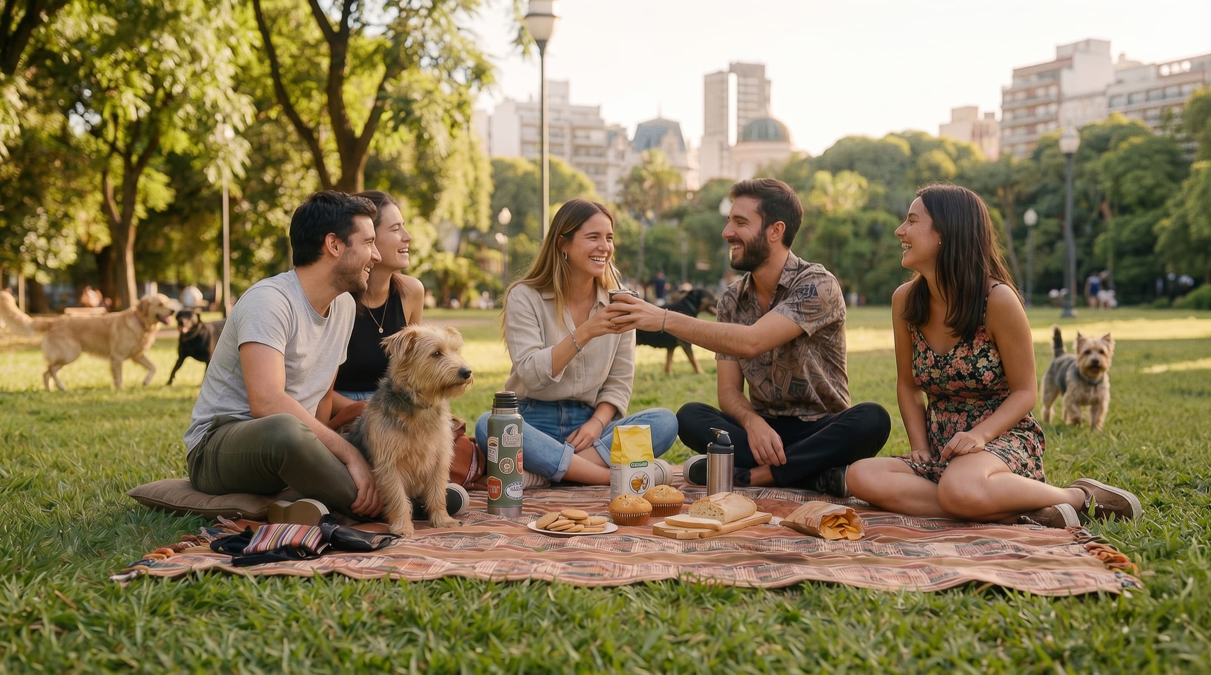 Grupo de amigos de picnic con sus perros en un parque, fundadores de FUR